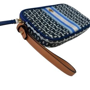 Tory Burch Gemini Link Canvas Wristlet Blue and White Patterned Coated Canvas